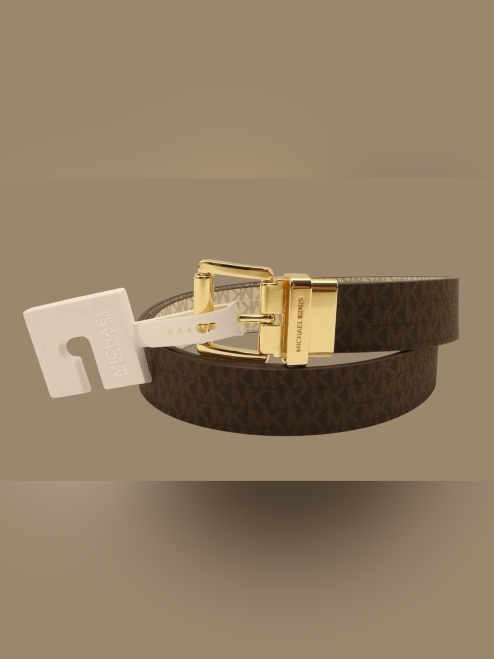 Michael Kors Reversible Logo Belt in Brown and Beige with Gold Buckle
